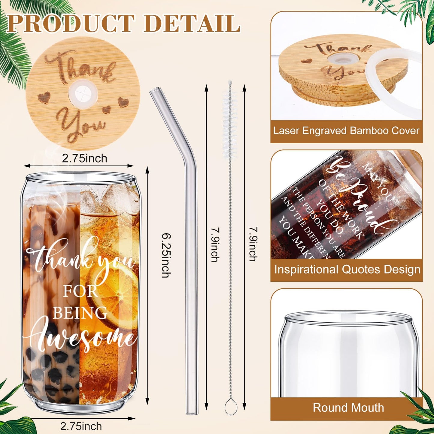 Tioncy 8 Pcs Team Gifts for Employees Thank You Gifts Teacher Staff Appreciation Gifts 16oz Can Shaped Beer Glass with Bamboo Lids Straws Brushes Drinking Glass Cups for Women Men Coworkers Member