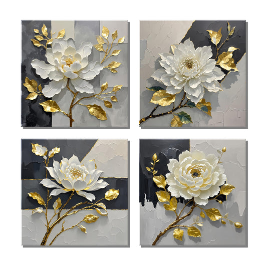 Peinture sur toile de fleurs dorées et blanches, art abstrait, peinture décorative murale moderne noire, blanche et grise, idéale pour le bureau, les loisirs et la maison (12" x 12" x 4 pièces encadrées). 