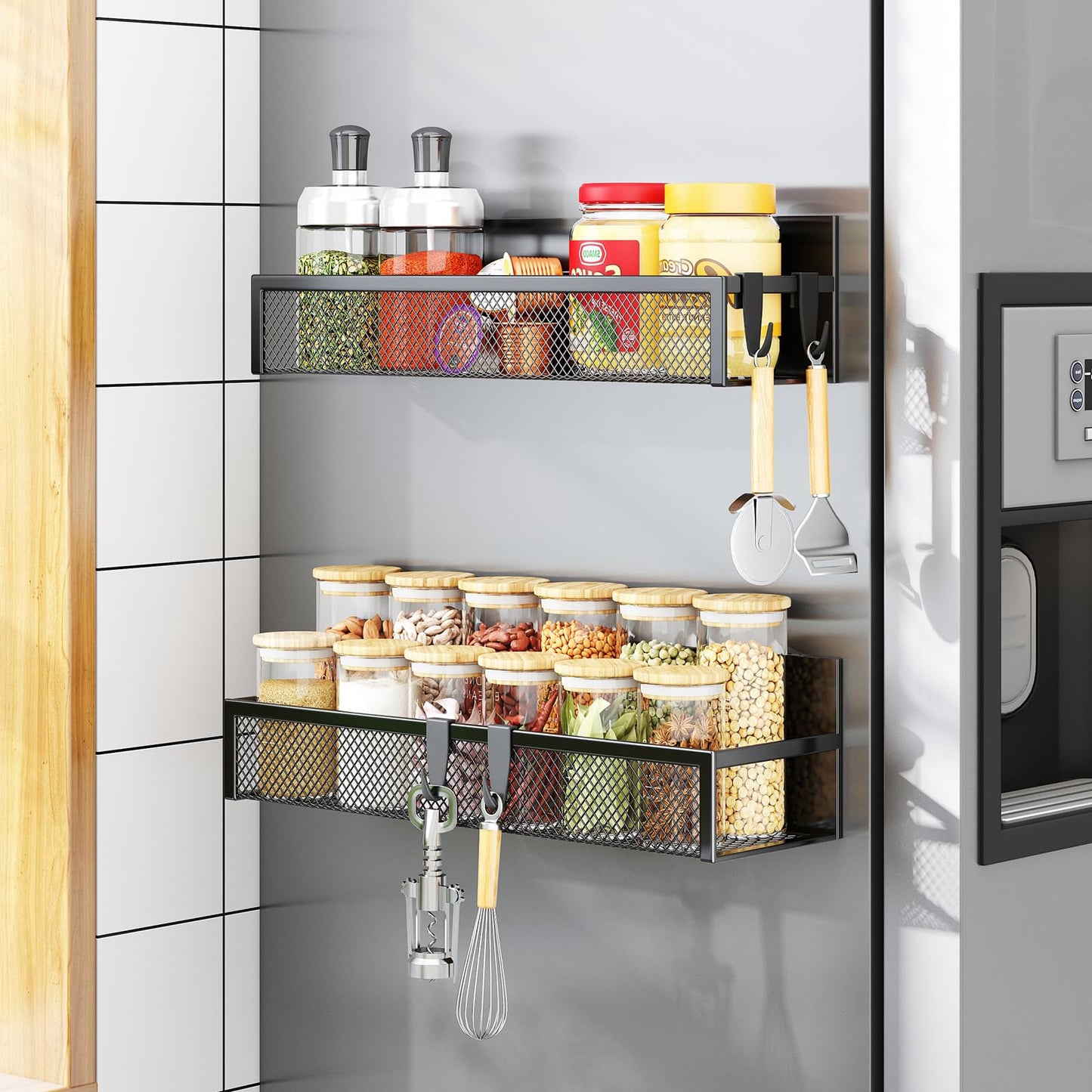 Magnetic Spice Rack for Refrigerator, 6 Pack Magnetic Shelf, Fridge Magnet Organizer with Moveable 12 Hooks, Magnetic Fridge Shelf for Kitchen Organization and Storage (6 Pack)