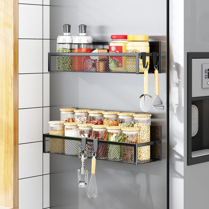 Magnetic Spice Rack for Refrigerator, 6 Pack Magnetic Shelf, Fridge Magnet Organizer with Moveable 12 Hooks, Magnetic Fridge Shelf for Kitchen Organization and Storage (6 Pack)