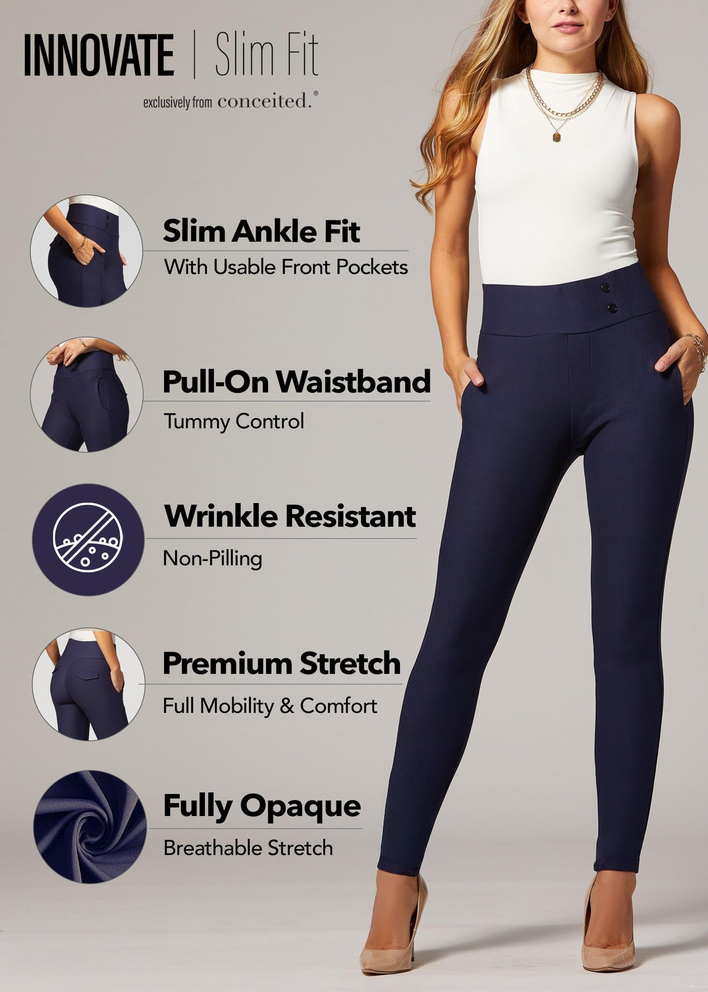 Conceited Dress Pants Women - Stretchy - Tummy Control - All Day Comfort Wear to Work - Womens Pants in Regular and Plus Size