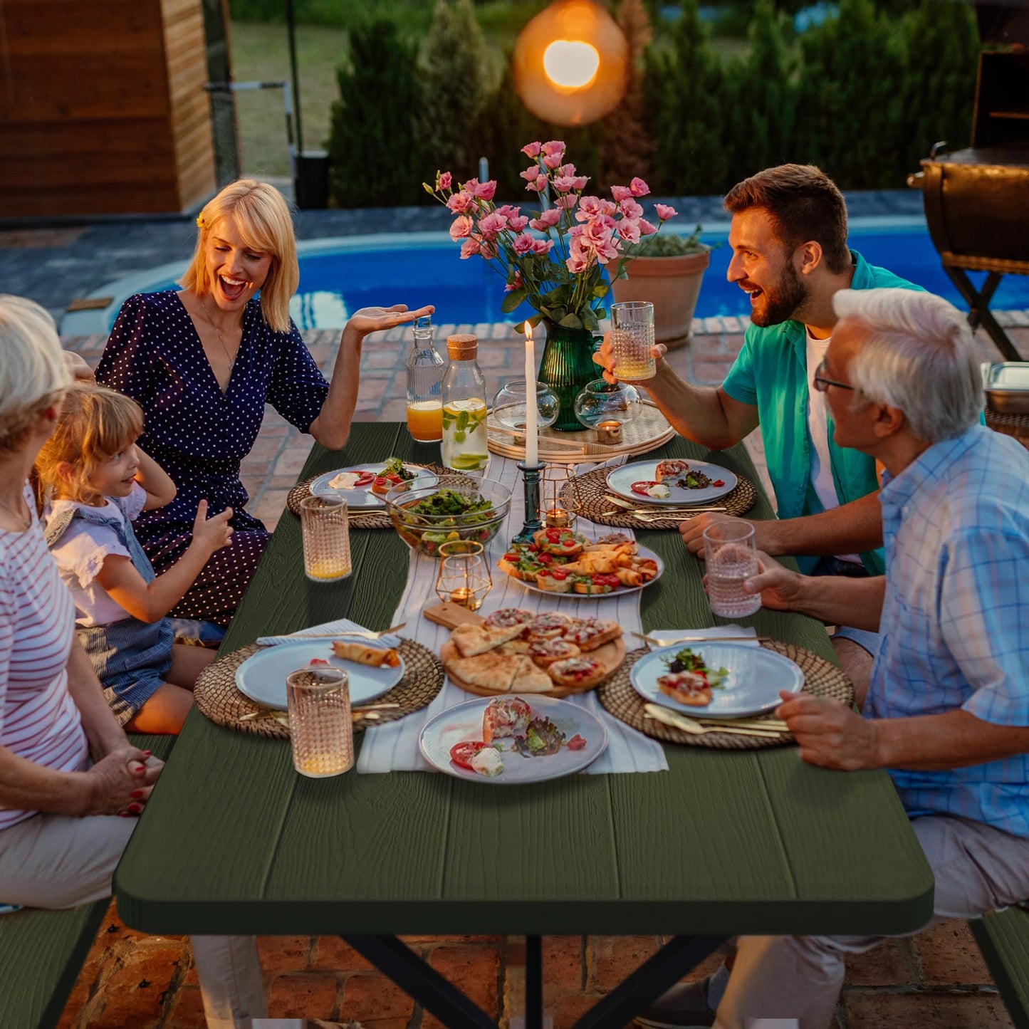 YITAHOME 6ft Outdoor Picnic Table with Wood-Like Tabletop, Sturdy Steel Frame and Umbrella Opening, Heavy Duty Picnic Table Ideal for Yard, Patio, Lawn Gatherings, Light Brown