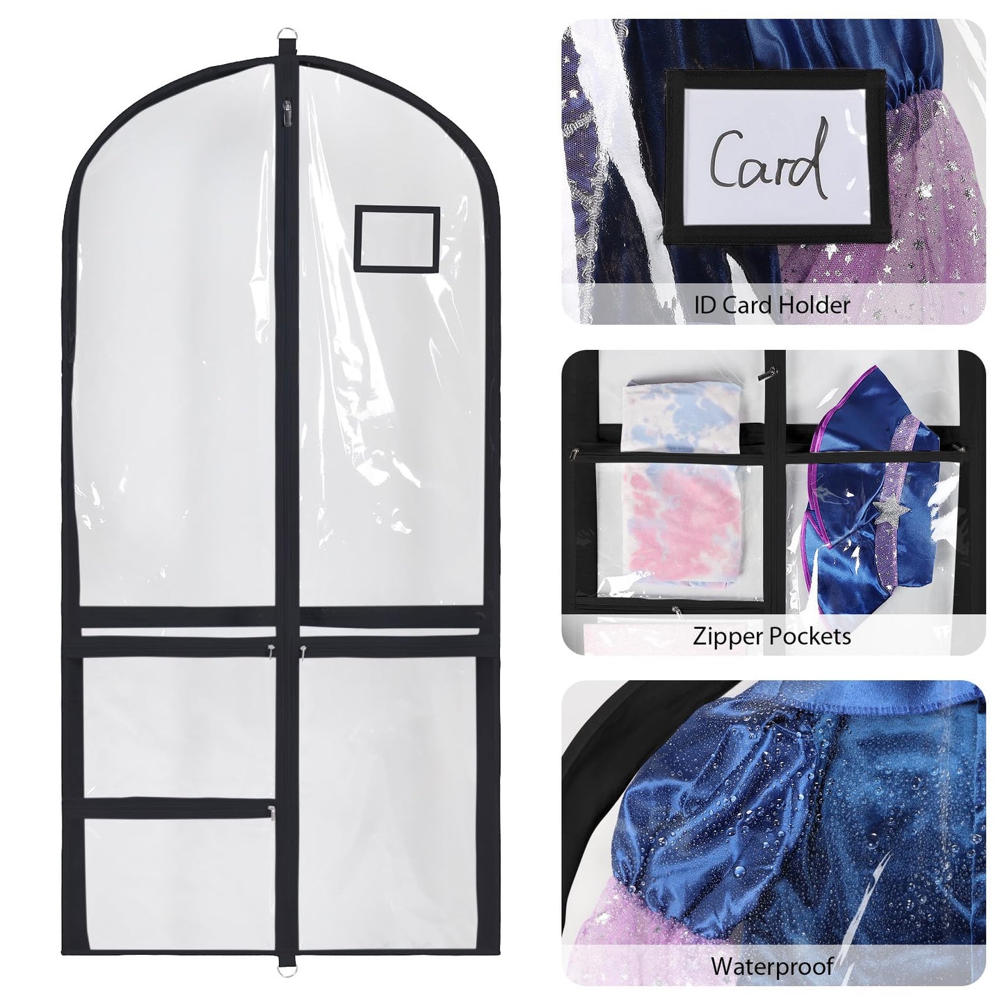 Univivi Clear PVC Dance Costume Bags (3 Pack) Garment Bag 40 Inch for Dance Competitions, with 4 Medium Clear Zipper Pockets and 1 Large Back Zippered Pocket [Upgraded Version]