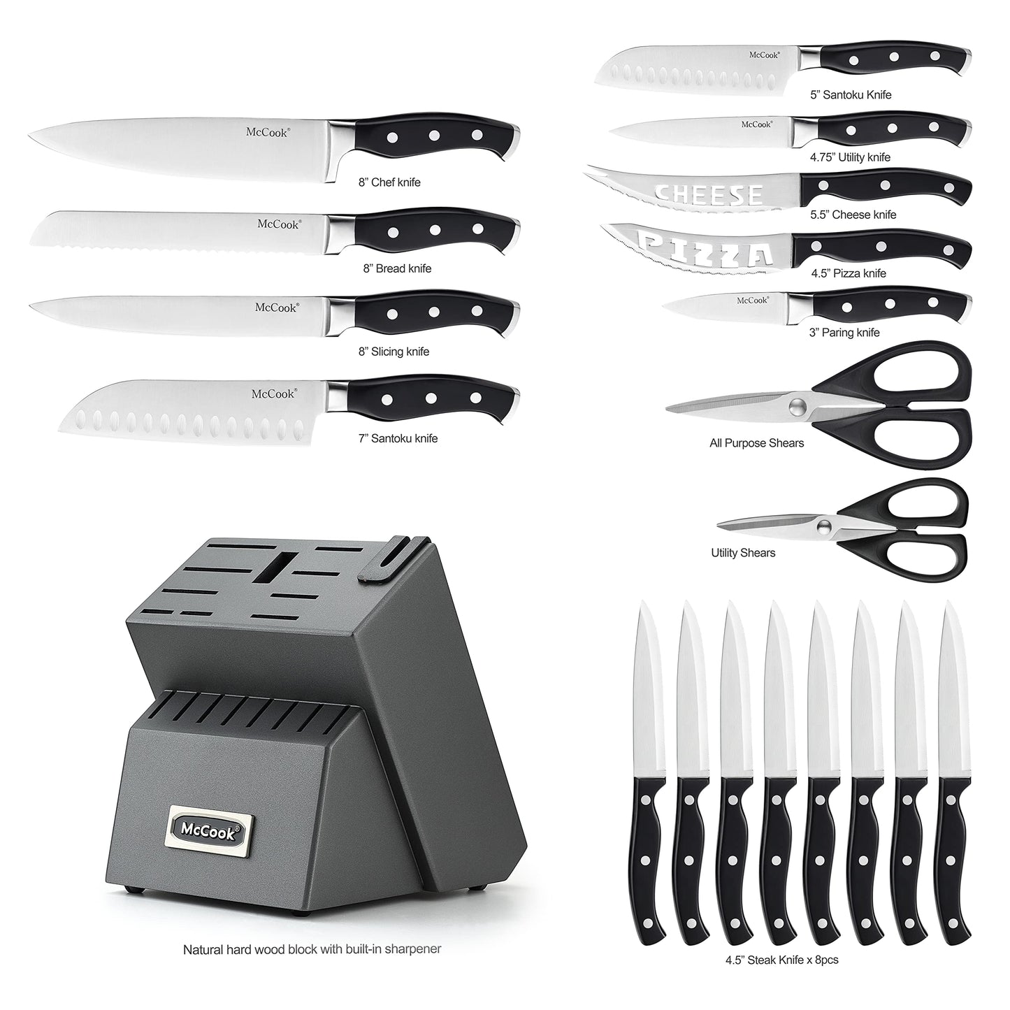 McCook® Knife Sets,German Stainless Steel Kitchen Knife Block Set with Built-in Sharpener