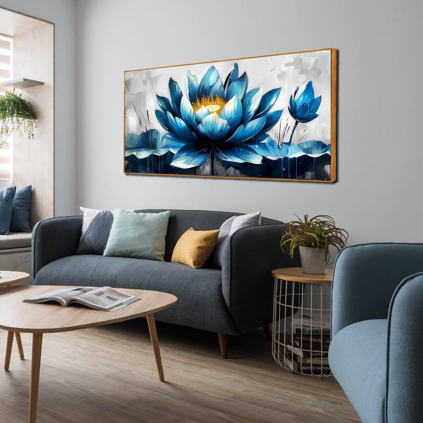 Ouzzlie Große Blumen-Wanddekoration, blaue Wandkunst für Wohnzimmer, goldene Kunst, Lotus-Poster für Zuhause und Büro, 73,7 x 149,9 cm 