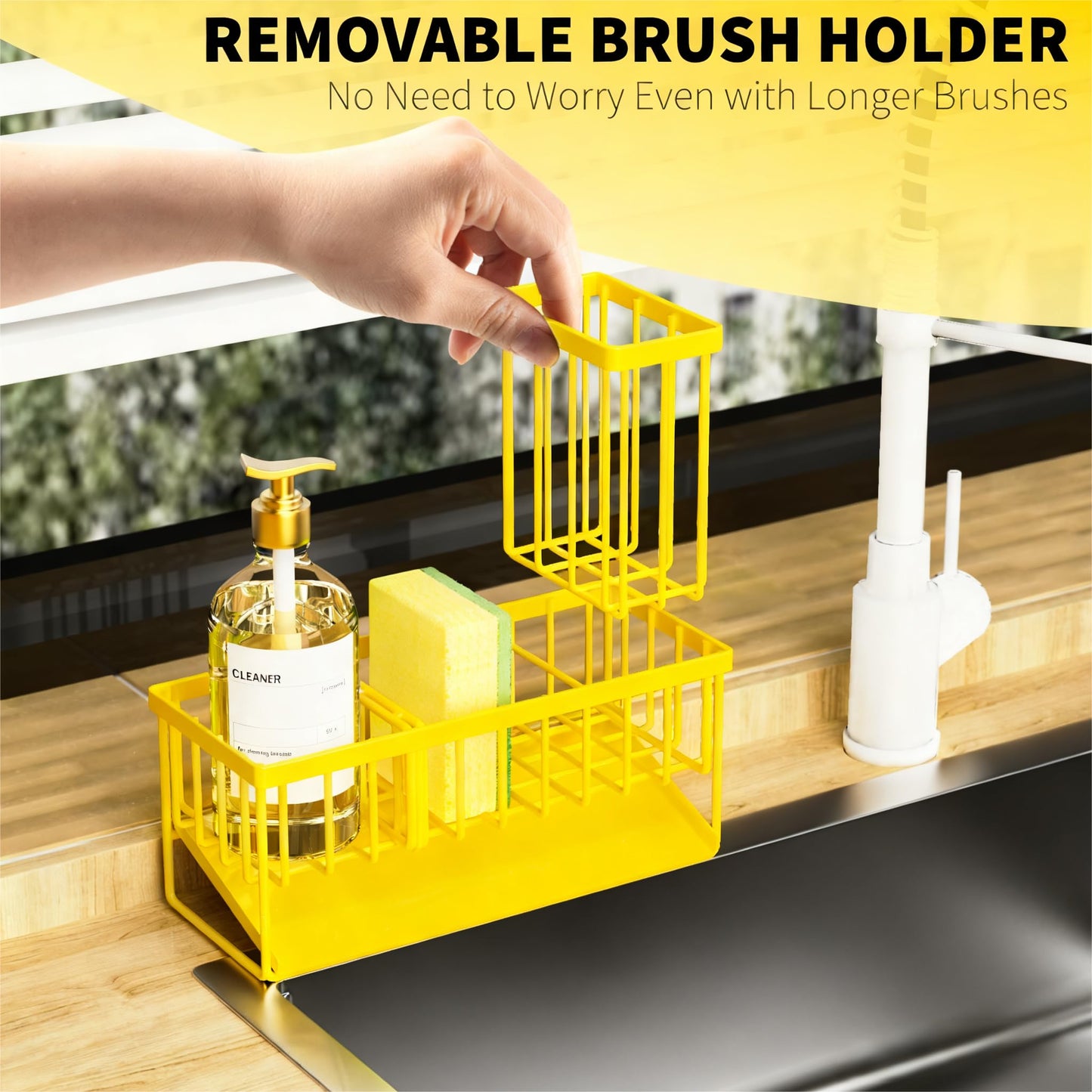 Kitchen Sink Caddy Organzier with High Brush Holder, Sponge Holder for Sink, 304 Rustproof Stainless, Kitchen Countertop Soap Dispenser Organizer, Kitchen Decor and Accessories