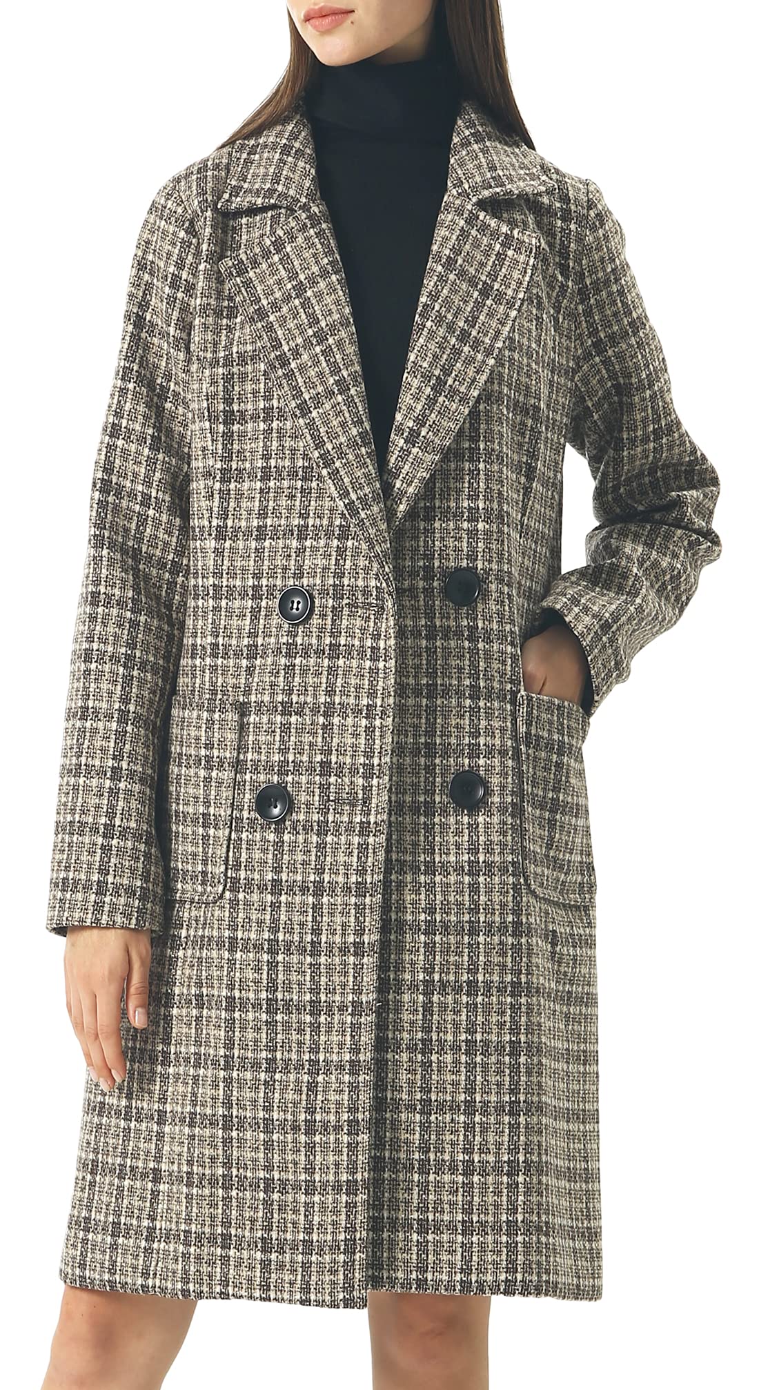 chouyatou Women Elegant Notched Collar Double Breasted Wool Blend Over Coat