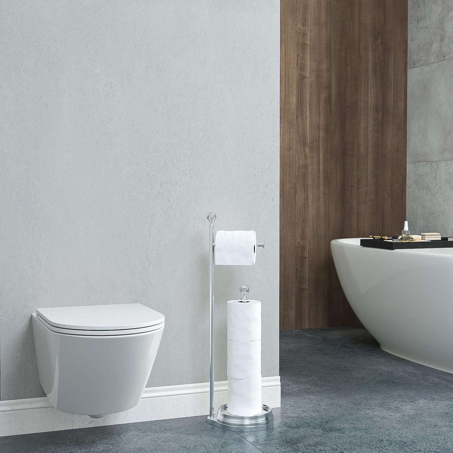 Weighted Freestanding Toilet Paper Holder – Metal Bathroom Stand with Crystal Accent