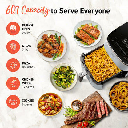 COSORI 6-Qt Air Fryer TurboBlaze – 9-in-1 Compact Oven, 90–450°F, Fast Turbo Mode, Grey, Low Oil Cooking, Roast, Bake, Reheat