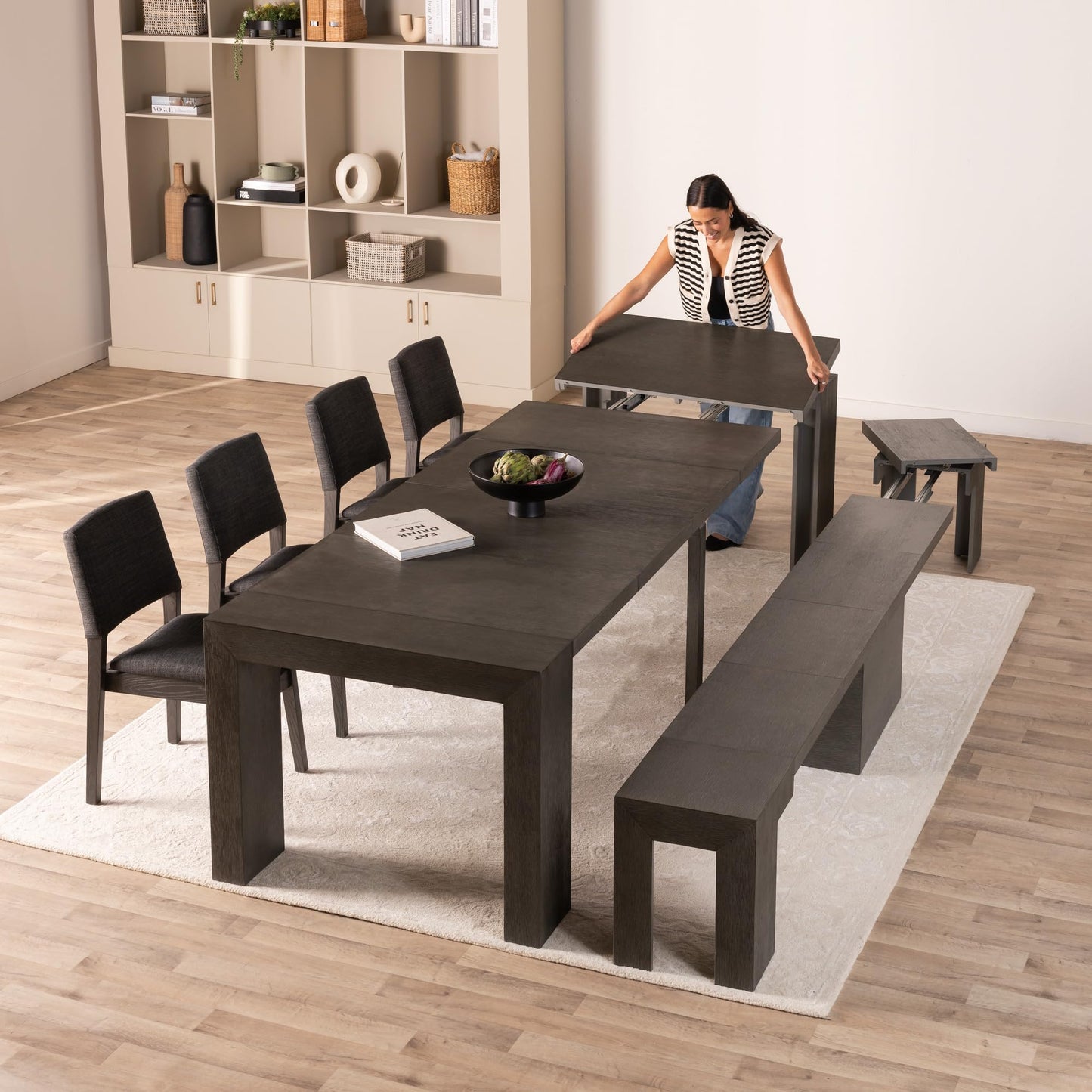 Transformer Table Dining Table Set for 4 to 12, Extendable Wood Dining Table with Expandable Bench, Small Space Furniture, Kitchen Table Set (Dark Grey, Table + Bench)