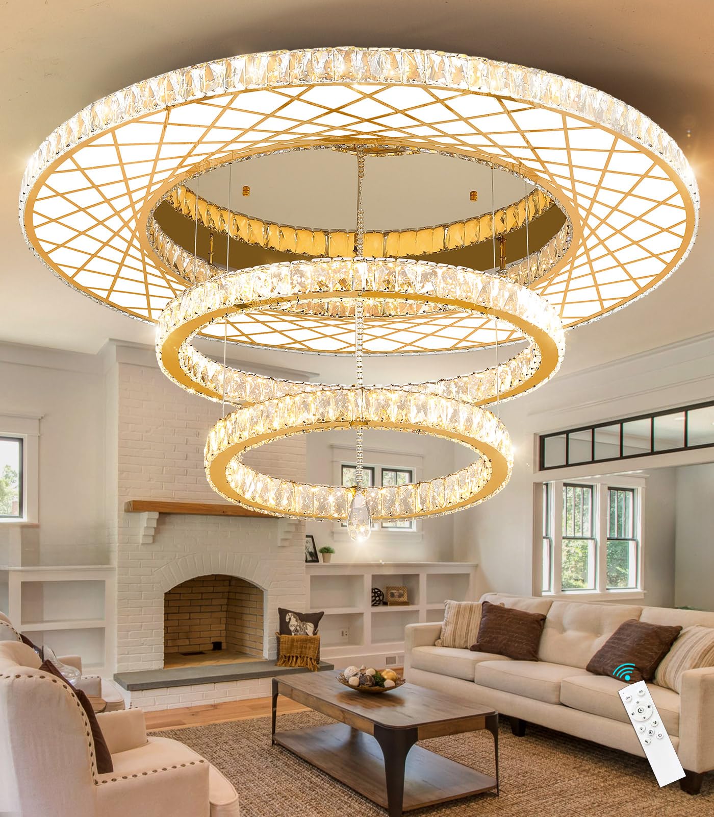 Modern Flush Ceiling Chandelier Bedroom Light Fixtures Crystal Flat Sloping Ceiling Lights for Hallway Kitchen Dining Room Dimmable Light with Remote Gold