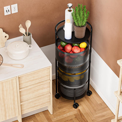No Assembly Required Vegetable Storage Rack, 4-Tier Rotating Fruit Basket with Wheels, Heavy Duty Carbon Steel Kitchen Storage Cart