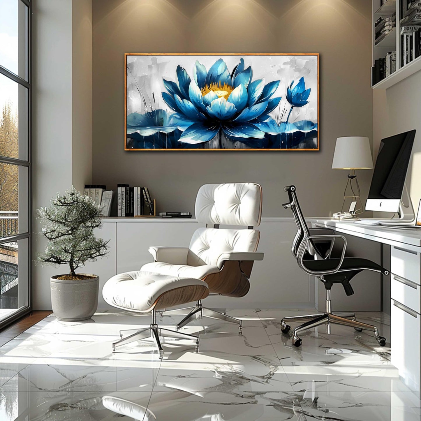 Ouzzlie Large Flower Wall Decor Blue Wall Art for Living Room Gold Art Lotus Posters for Home Office 29" x 59"