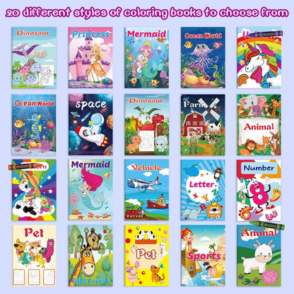20 Mini Coloring Books (5.1” × 7”) for Kids Ages 2–8 + Bonus Book of 200 Inspiring Stickers