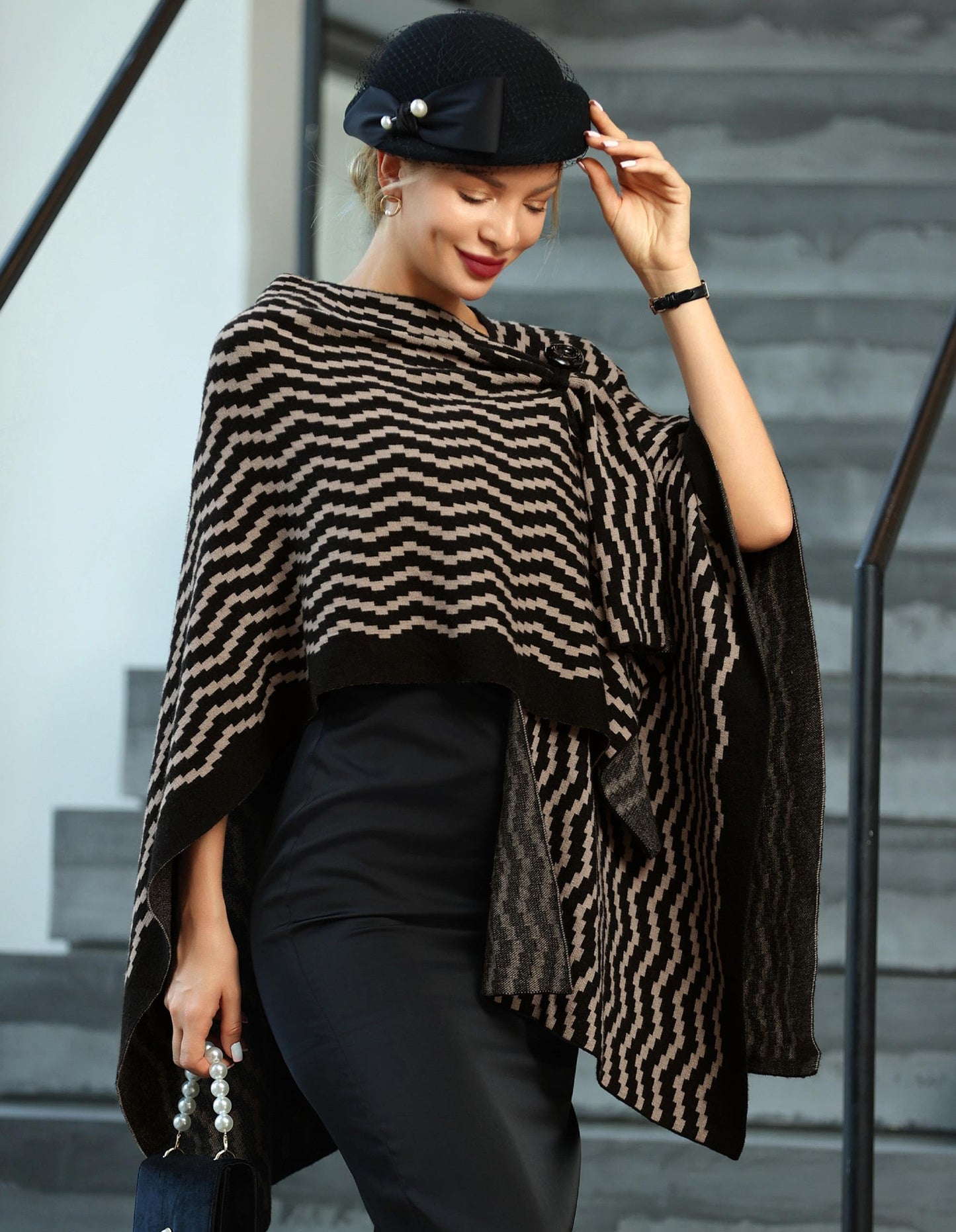 PULI Femmes Grand Poncho Croisé Sur Le Devant Pull Enveloppant Topper Tricoté Élégant Châles Cape pour l'Automne Hiver