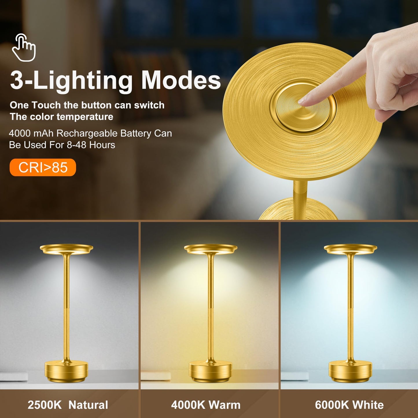 2 Pack Cordless Table Lamps Rechargeable,Table Light USB Touch Battery Powered Table Lamp LED Portable Patio/Dining Table/bar/Outdoor Table Light [Burnished Gold]