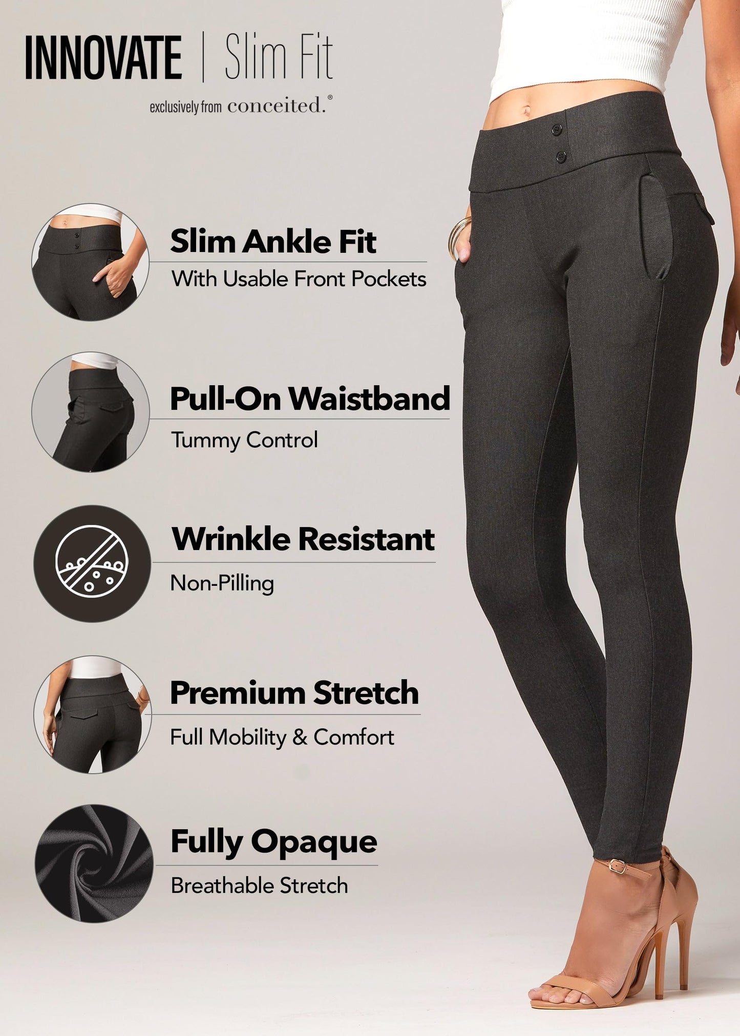 Conceited Dress Pants Women - Stretchy - Tummy Control - All Day Comfort Wear to Work - Womens Pants in Regular and Plus Size