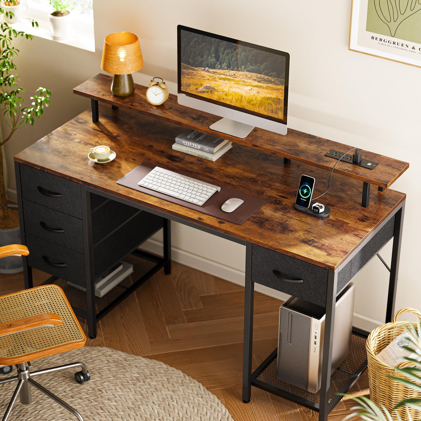 Bureau d'ordinateur Huuger de 47 pouces avec 4 tiroirs, bureau de jeu avec lumières LED et prises de courant, bureau à domicile avec grand espace de rangement pour chambre à coucher, travail à domicile, noir 