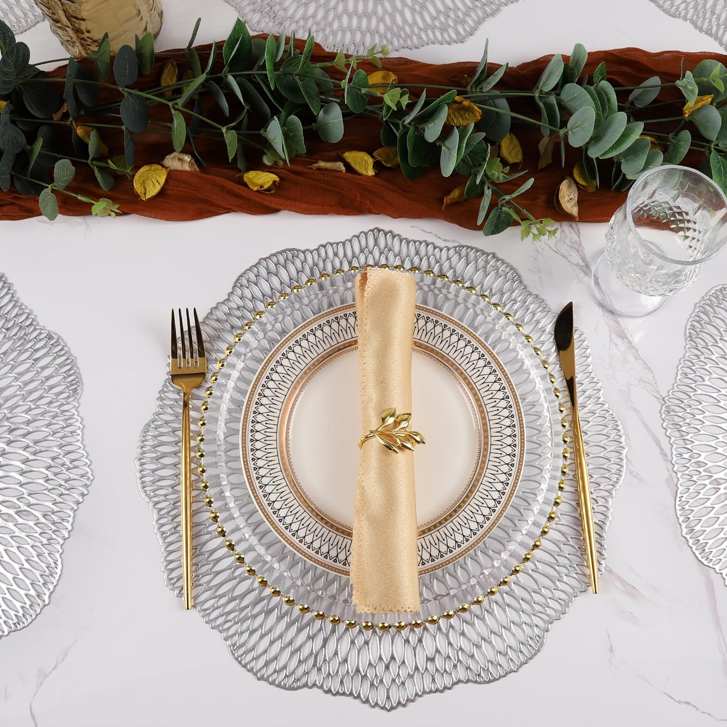 Placemats Set of 6, Round Hollow Out Flowers Place Mats for Dining Table Pressed Vinyl Blooming Leaf Table Mats for Holiday Party Wedding Accent Centerpiece Dinner Table Decoration (Gold)