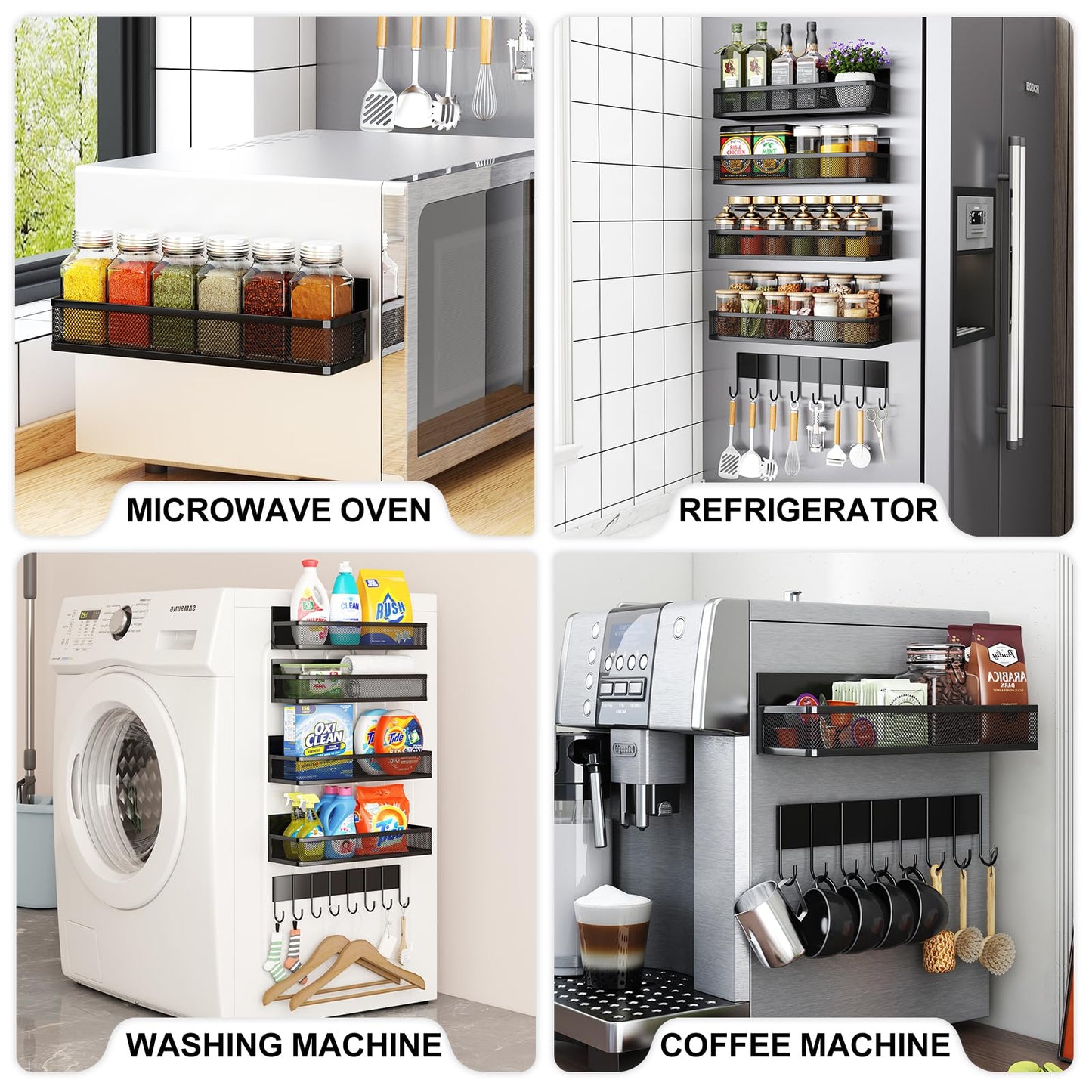 Magnetic Spice Rack for Refrigerator, 6 Pack Magnetic Shelf, Fridge Magnet Organizer with Moveable 12 Hooks, Magnetic Fridge Shelf for Kitchen Organization and Storage (6 Pack)