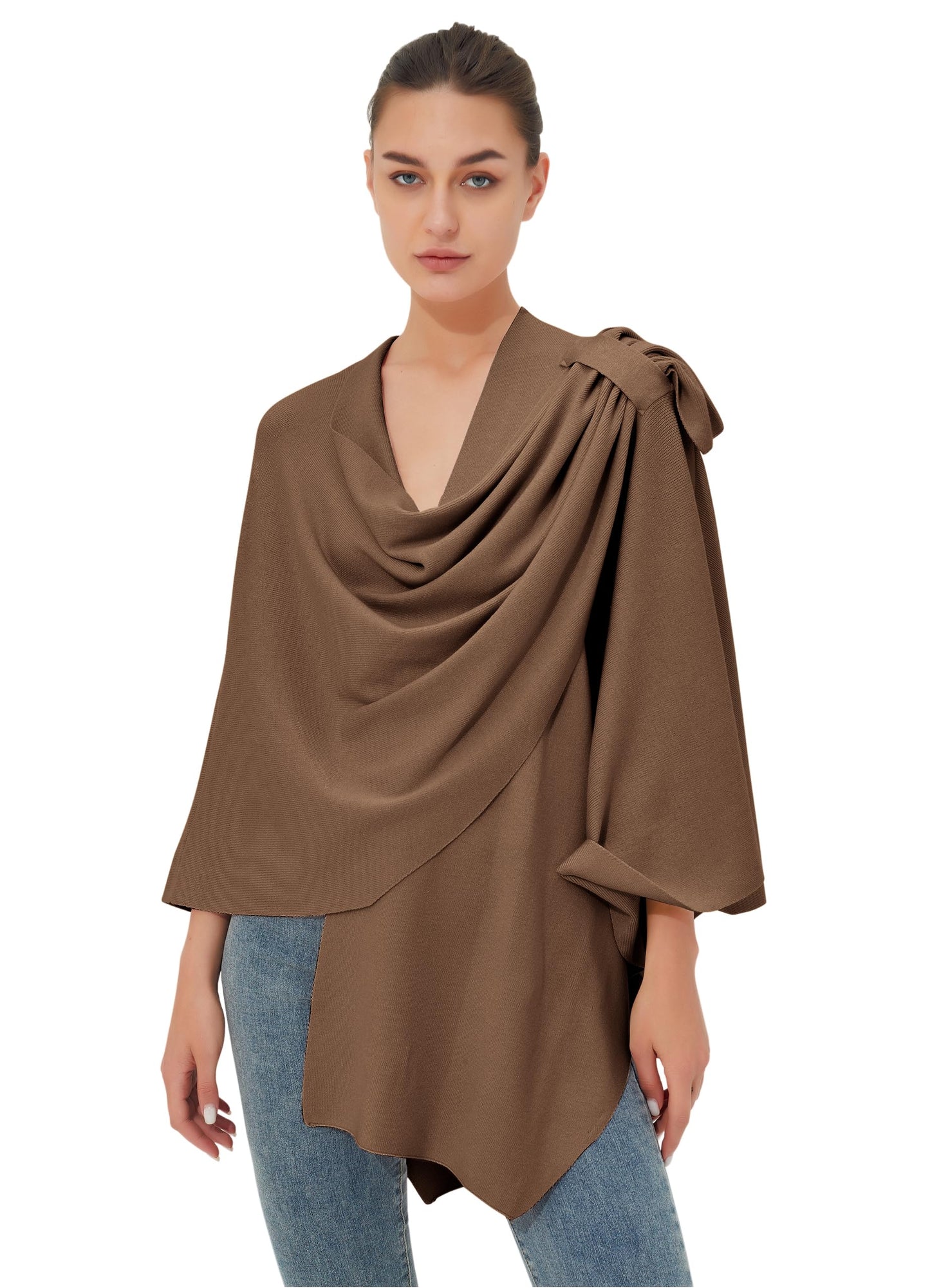 PULI Femmes Grand Poncho Croisé Sur Le Devant Pull Enveloppant Topper Tricoté Élégant Châles Cape pour l'Automne Hiver