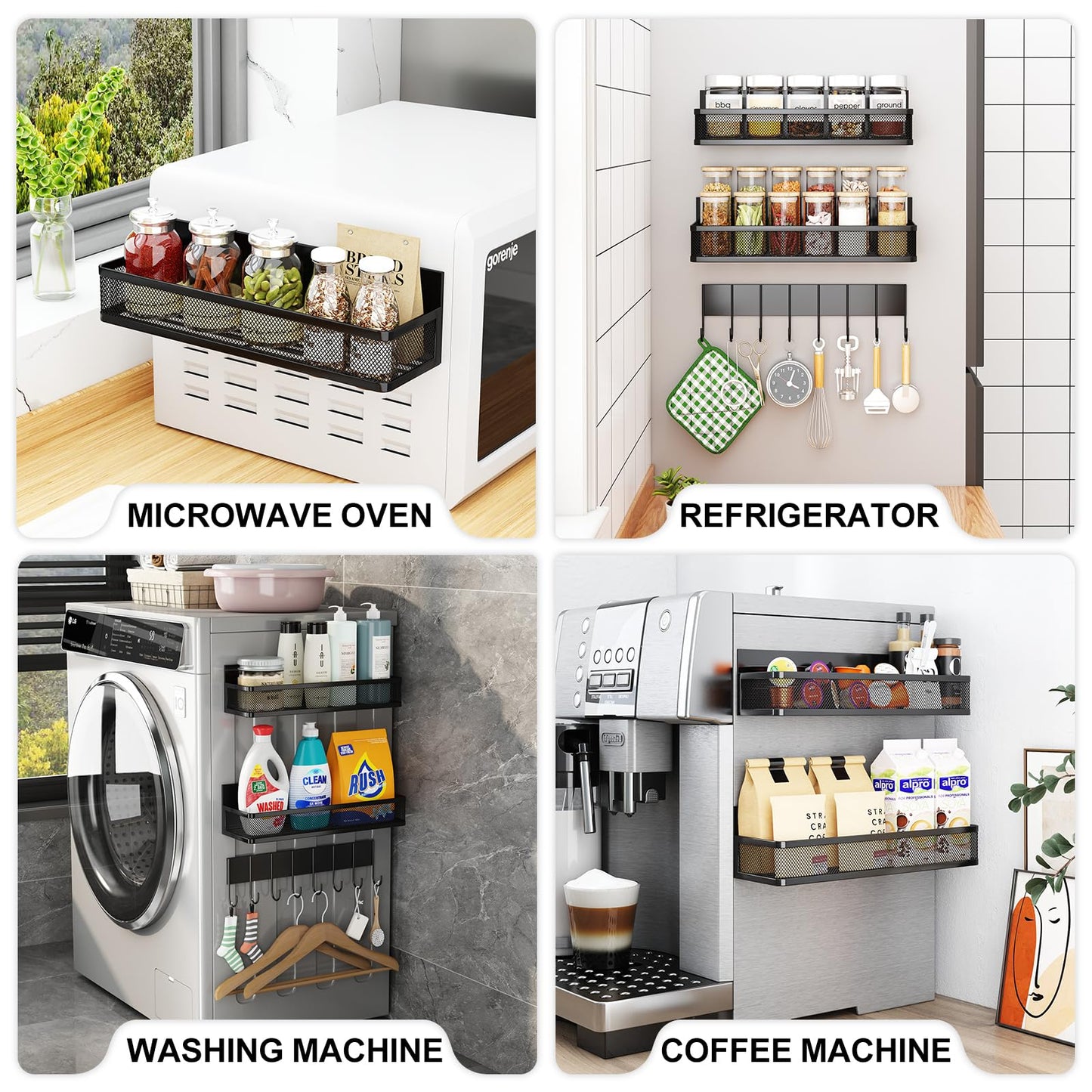 Magnetic Spice Rack for Refrigerator, 6 Pack Magnetic Shelf, Fridge Magnet Organizer with Moveable 12 Hooks, Magnetic Fridge Shelf for Kitchen Organization and Storage (6 Pack)