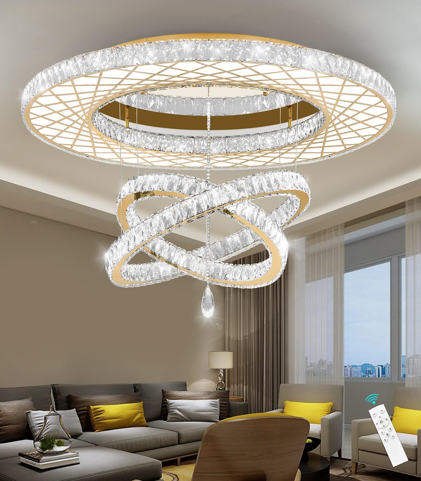 Modern Flush Ceiling Chandelier Bedroom Light Fixtures Crystal Flat Sloping Ceiling Lights for Hallway Kitchen Dining Room Dimmable Light with Remote Gold