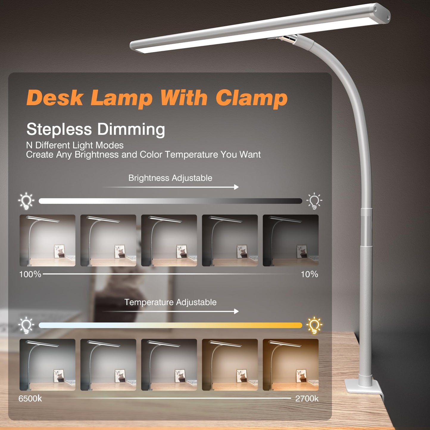 Lampe de bureau LED pour bureau à domicile, lampe de bureau respectueuse des yeux avec gradation continue, col de cygne flexible réglable, adaptateur USB 10 W, lampe de bureau avec pince pour lecture, étude, établi (noir) 