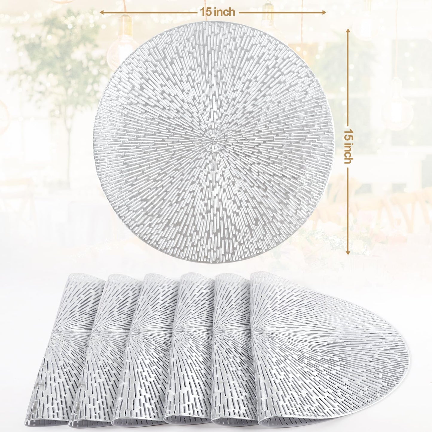 Silver Round Placemats, Hollow Out Washable and Wipeable Place Mats, Pressed Vinyl Table Mats Set of 6 for Anniversary Dinner Kitchen Decorations