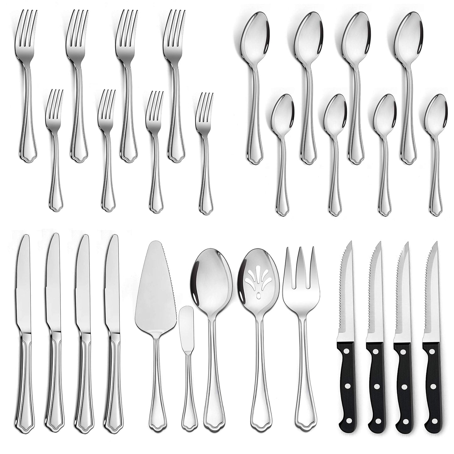 LIANYU 41-Piece Silverware Flatware Set for 6, Plus Steak Knives and Serving Utensils, Stainless Steel Flatware Cutlery Set, Eating Utensils Tableware with Scalloped Edge, Dishwasher Safe