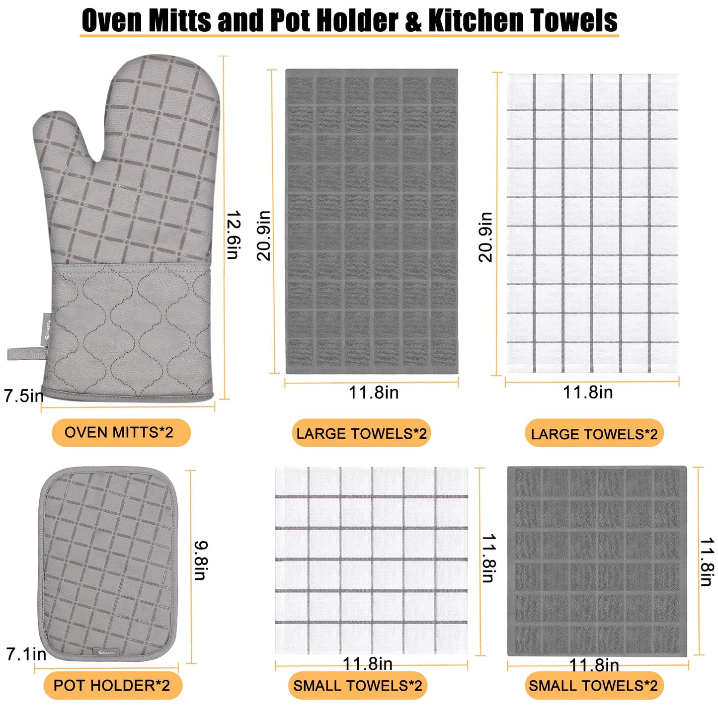 Oven Mitts Kitchen Towels and Dishcloths Pot Holders Sets, Oven Gloves Kitchen Dish Towels 500 Degree Heat Resistant Potholders with Non-Slip Silicone Surface for Cooking, Grilling, Baking-Black