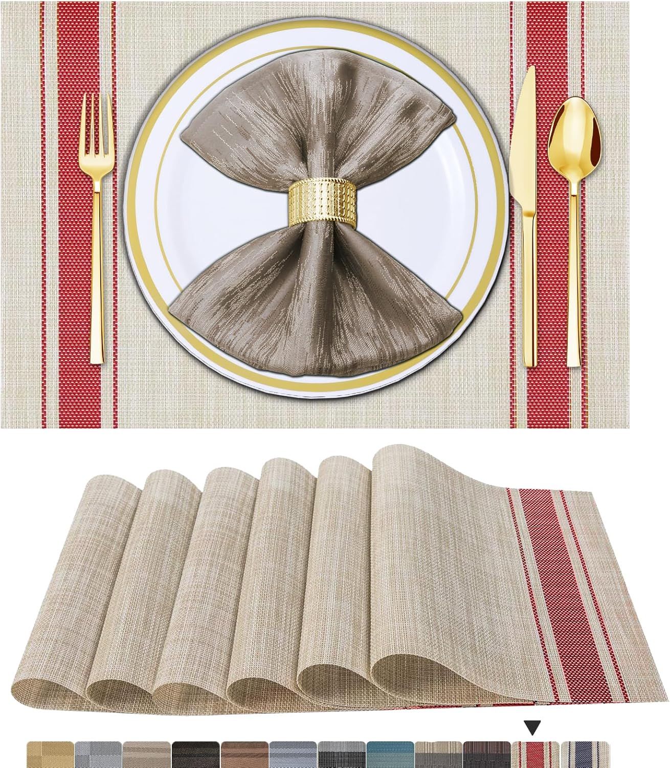 Lot de 6 sets de table en vinyle tissé pour table à manger, lavables et lavables, sets de table de cuisine durables pour intérieur et extérieur, 01 beige, 6 pièces 