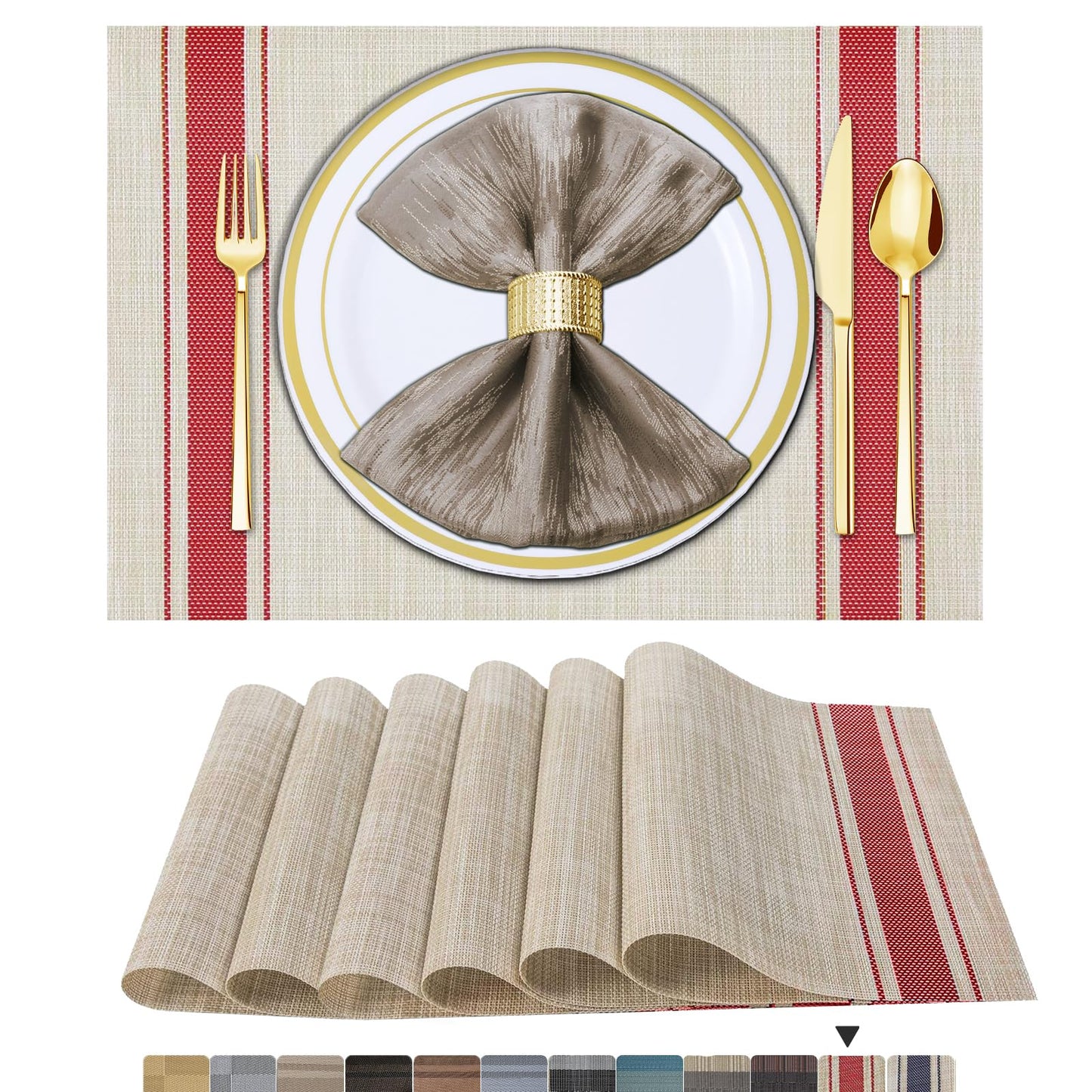 Lot de 6 sets de table en vinyle tissé pour table à manger, lavables et lavables, sets de table de cuisine durables pour intérieur et extérieur, 01 beige, 6 pièces 