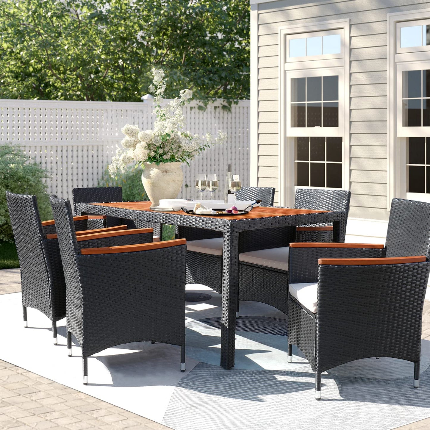 Flamaker 9 Piece Patio Dining Set Outdoor Acacia Wood Table and Chairs with Soft Cushions Wicker Patio Furniture for Deck, Backyard, Garden