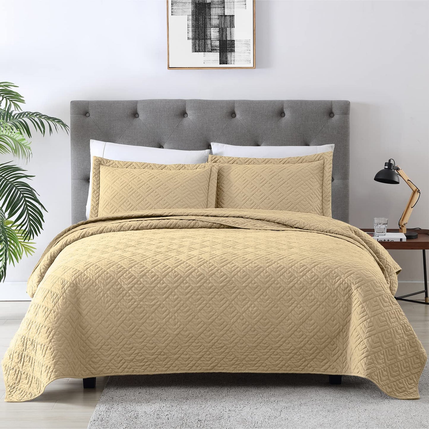 EXQ Home Quilt Set Full Queen Size Beige 3 Piece,Lightweight Soft Coverlet Modern Style Leaf Pattern Bedspread Set(1 Quilt,2 Pillow Shams)