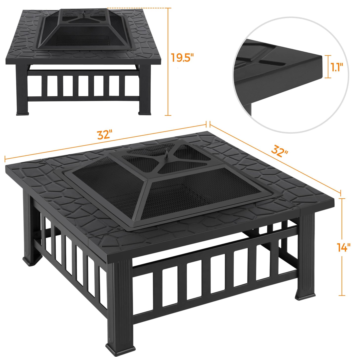 Yaheetech 32 Zoll große Feuerstelle für den Außenbereich, quadratischer Tisch, Gartenofen für Hinterhof, Terrasse, Holzfeuerstelle mit Funkenschutz, Schürhaken und Abdeckung 