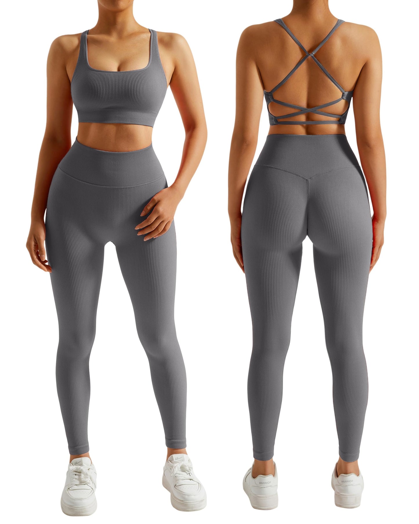 RXRXCOCO Ribbed Workout Sets for Women 2 Piece Backless Strappy Sports Bra Seamless Leggings Matching Set Yoga Outfits