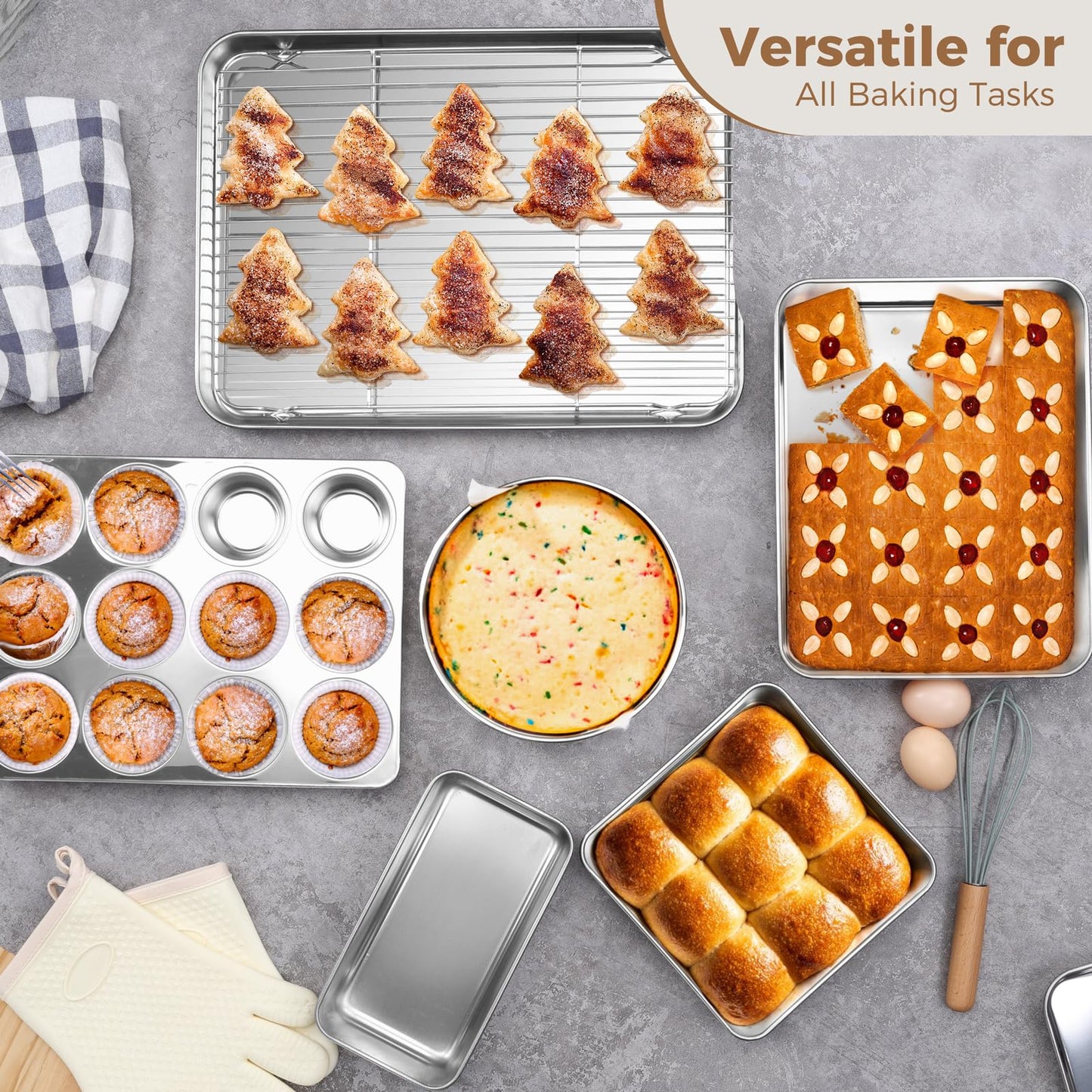 E-far Stainless Steel Baking Pan Set, 6-Piece Metal Bakeware Sets Include Cookie Sheet, Round Square Rectangle Cake Pans, Non-toxic & Dishwasher Safe