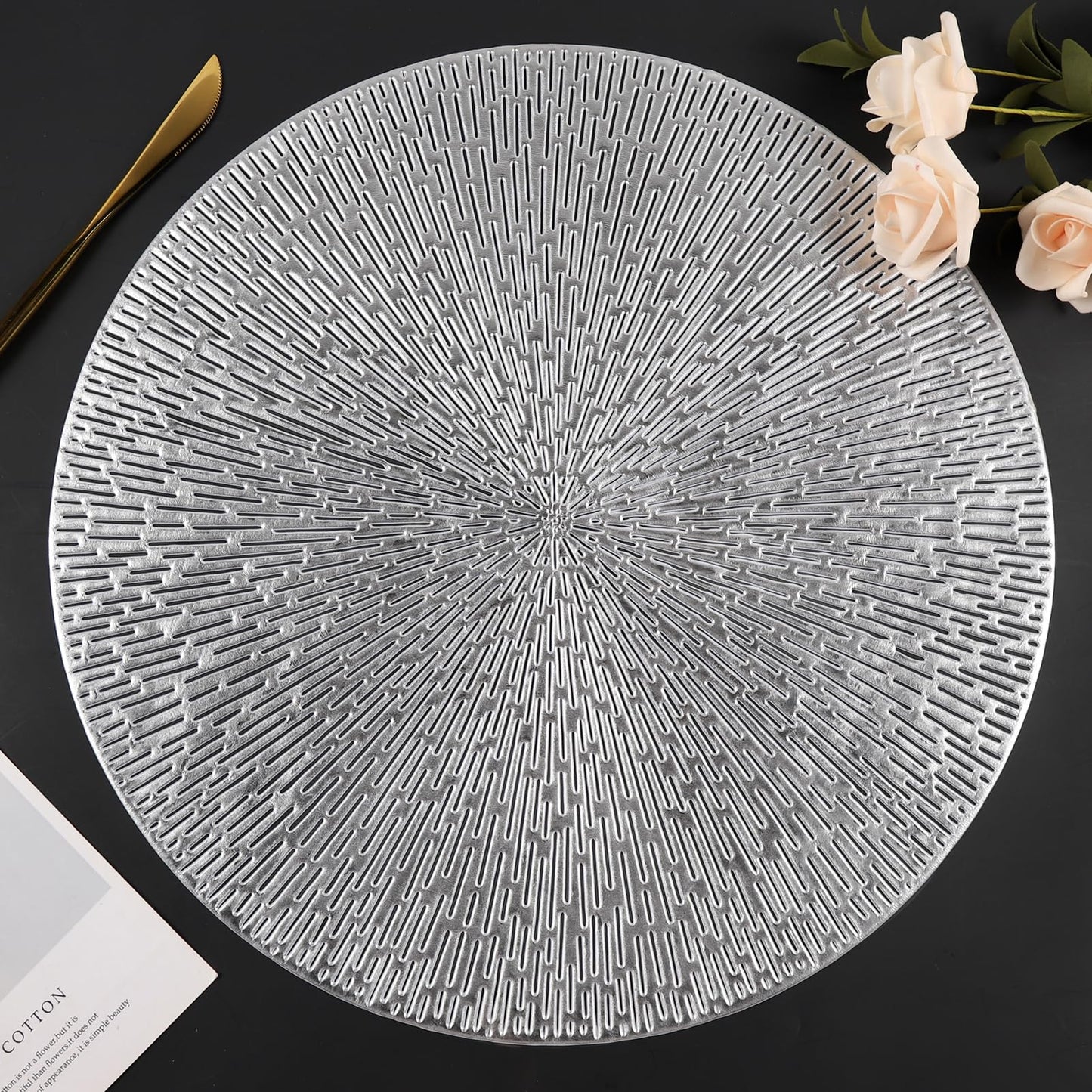 Silver Round Placemats, Hollow Out Washable and Wipeable Place Mats, Pressed Vinyl Table Mats Set of 6 for Anniversary Dinner Kitchen Decorations