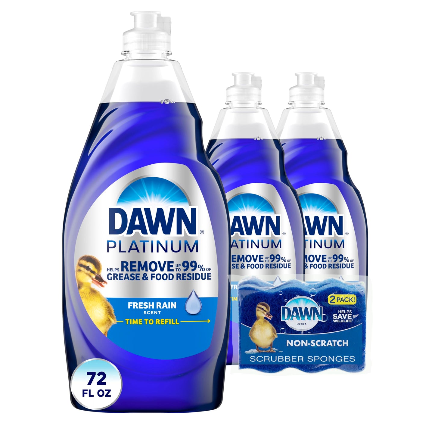 Dawn Platinum Spülmittel, Flüssiges Geschirrspülmittel, Fettlöser, Fresh Rain, 3 x 24 oz + Schwammpaket 