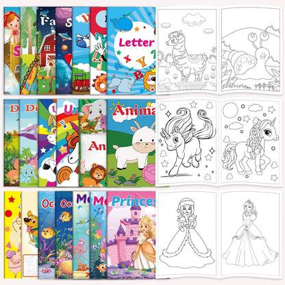 20 Mini Coloring Books (5.1” × 7”) for Kids Ages 2–8 + Bonus Book of 200 Inspiring Stickers