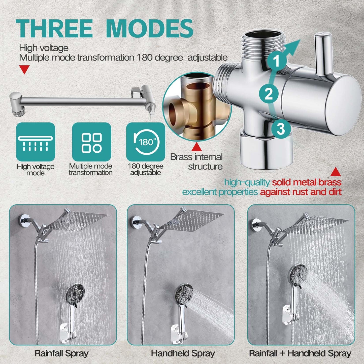 Pommeau de douche, pommeau de douche à effet pluie de 10 pouces avec jet portatif combiné, 3 jets d'eau portatifs avec tuyau de douche de 60 pouces de long (argent) 