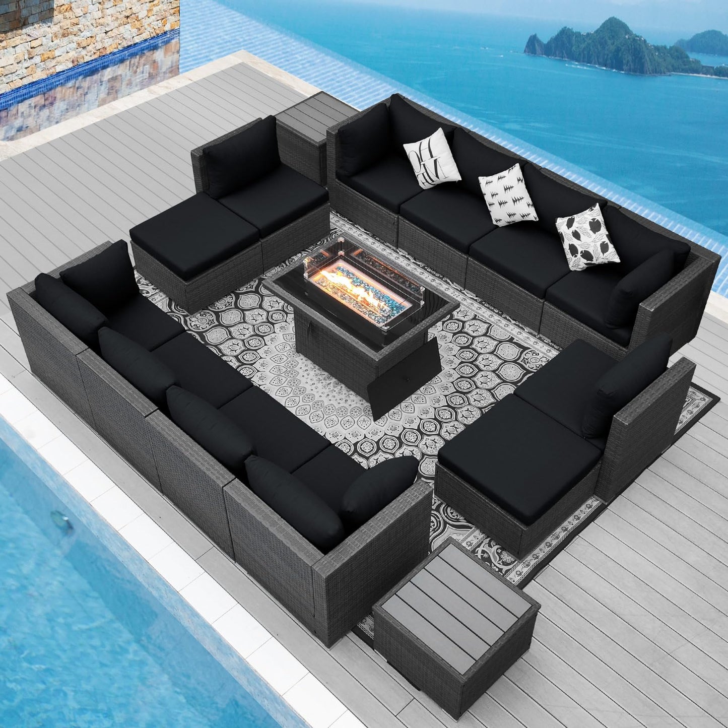 NICESOUL® 13-teiliges großes Luxus-Sofaset für die Terrasse mit Feuerstelle für Erdgas/Propan, 74 cm hohe Rückenlehne, Garten-Sitzgruppe, Gartensofa aus PE-Rattan, dunkelgrau 