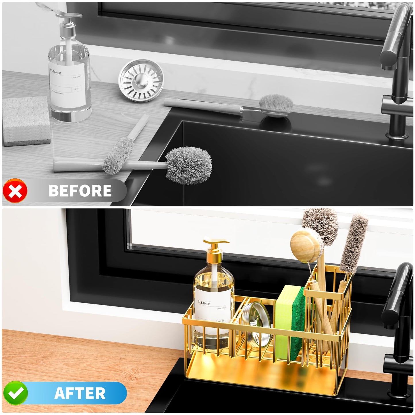 Kitchen Sink Caddy Organzier with High Brush Holder, Sponge Holder for Sink, 304 Rustproof Stainless, Kitchen Countertop Soap Dispenser Organizer, Kitchen Decor and Accessories