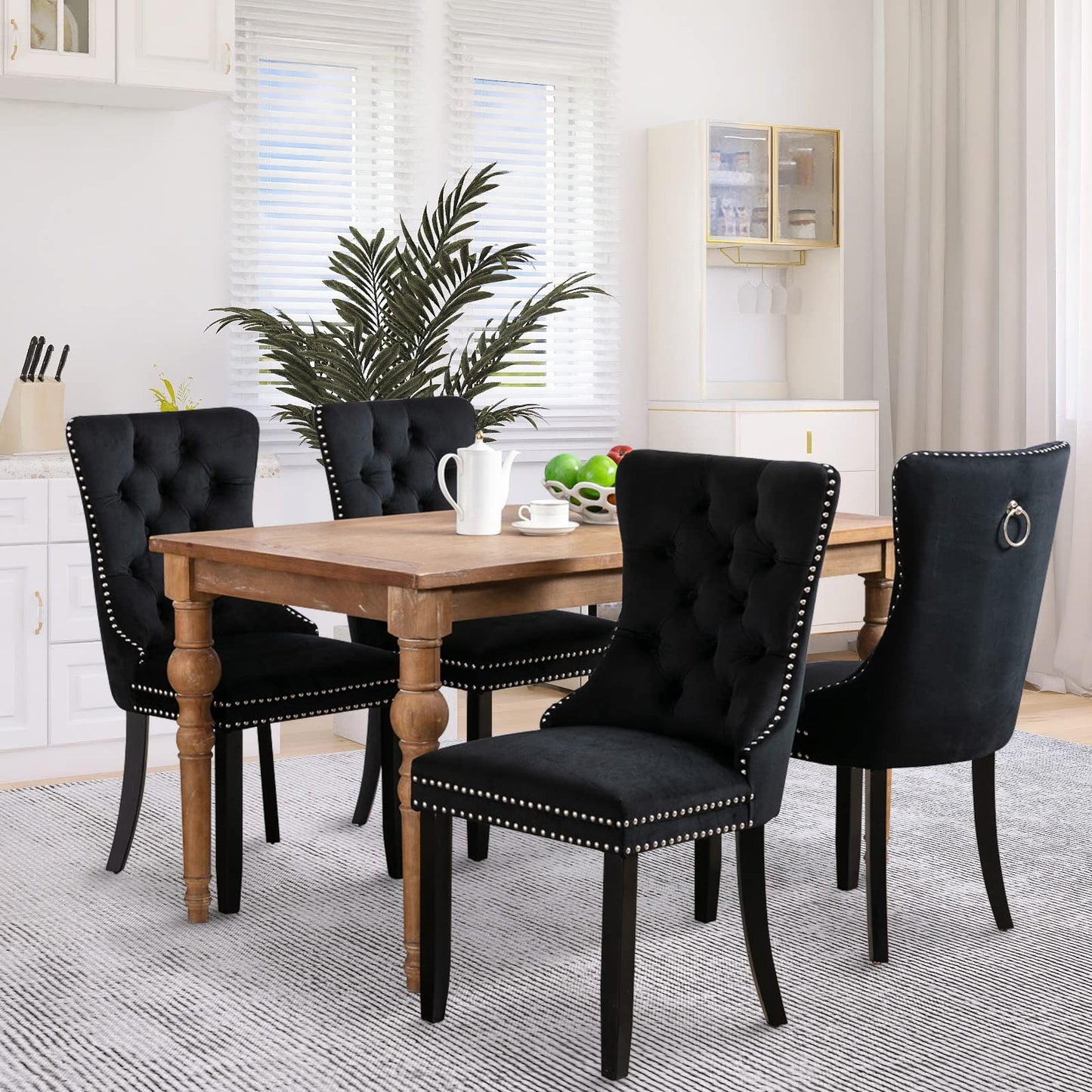 Lot de 8 chaises de salle à manger en cuir SoarFlash, chaise d'appoint à dossier haut, chaise d'appoint rembourrée moderne avec anneau de dossier à boutons, pieds en bois massif (noir et gris) 