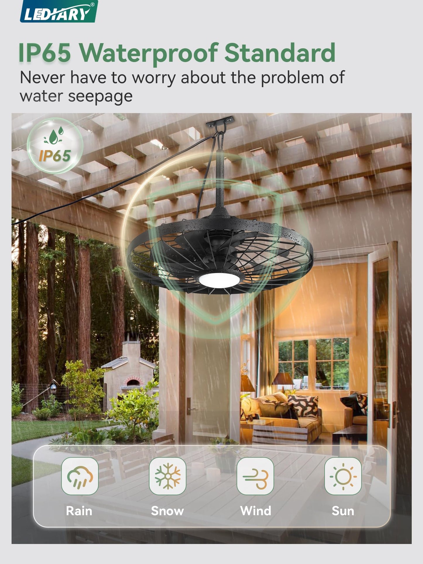 Outdoor Hanging Ceiling Fan with Light – 3CCT, 6-Speed, IP65