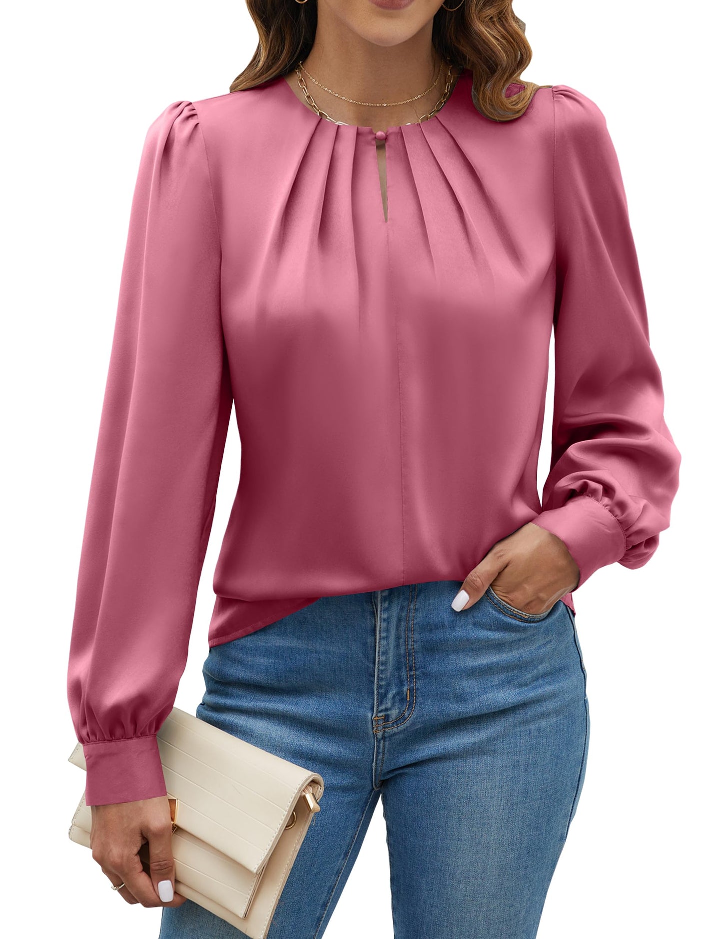 Blooming Jelly Womens Dressy Casual Blouses Satin Long Sleeve Shirts Pleated Business Tops Trendy Fall Outfits