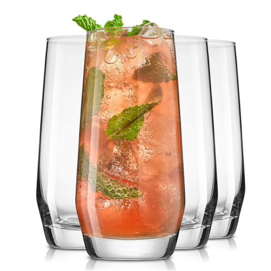 JoyJolt Gwen 18.5 oz Highball Glasses, 4pc Tall Glass Sets. Lead-Free Crystal Glass Drinking Glasses. Water Glasses, Mojito Glass Cups, Tom Collins Bar Glassware, and Mixed Drink Cocktail Glass Set