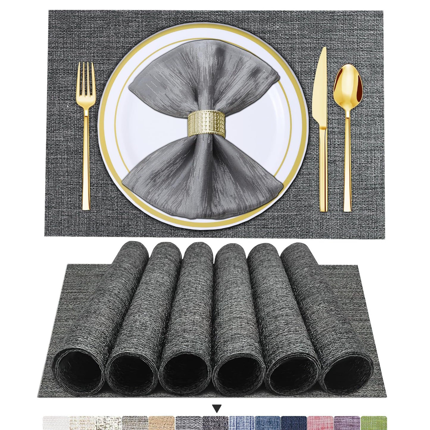 Set of 6 Placemats – Washable Woven Vinyl Table Mats for Dining, Kitchen, Indoor/Outdoor Use