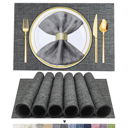 Set of 6 Placemats – Washable Woven Vinyl Table Mats for Dining, Kitchen, Indoor/Outdoor Use